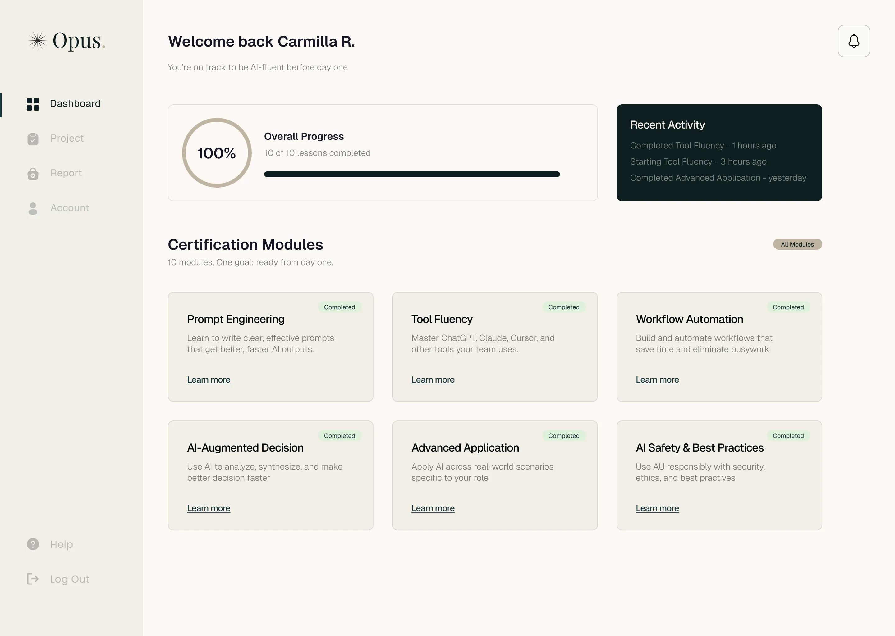 Opus AI certification dashboard showing completed training modules