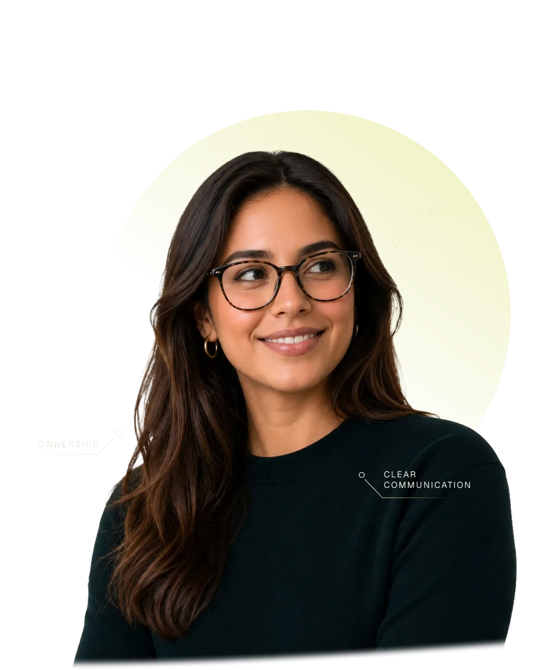 Latin American professional with callouts for AI fluency, ownership, and clear communication