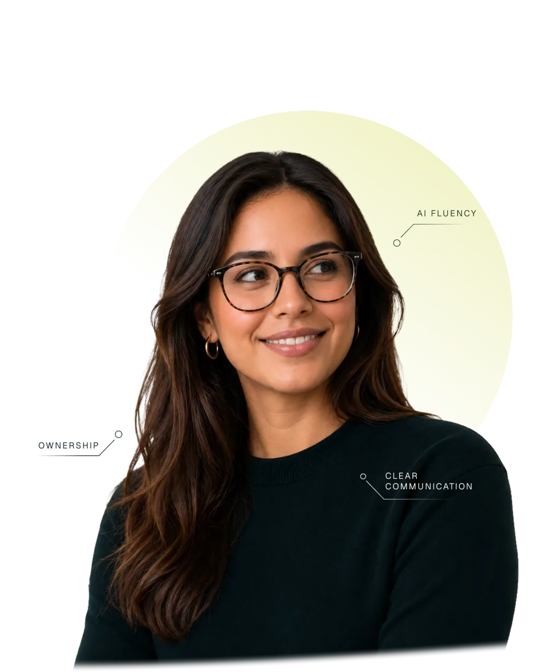 Latin American professional with callouts for AI fluency, ownership, and clear communication