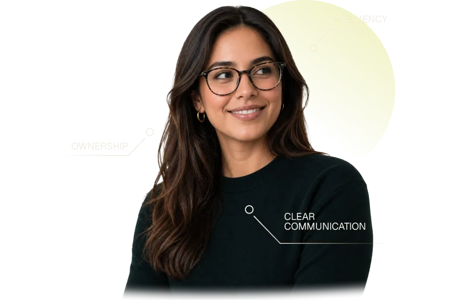 Latin American professional with callouts for AI fluency, ownership, and clear communication