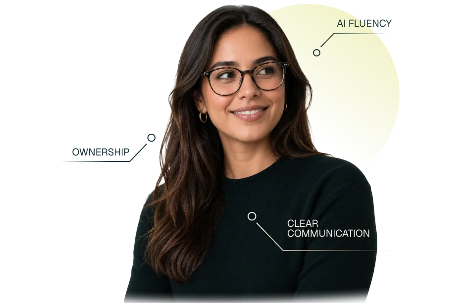 Latin American professional with callouts for AI fluency, ownership, and clear communication