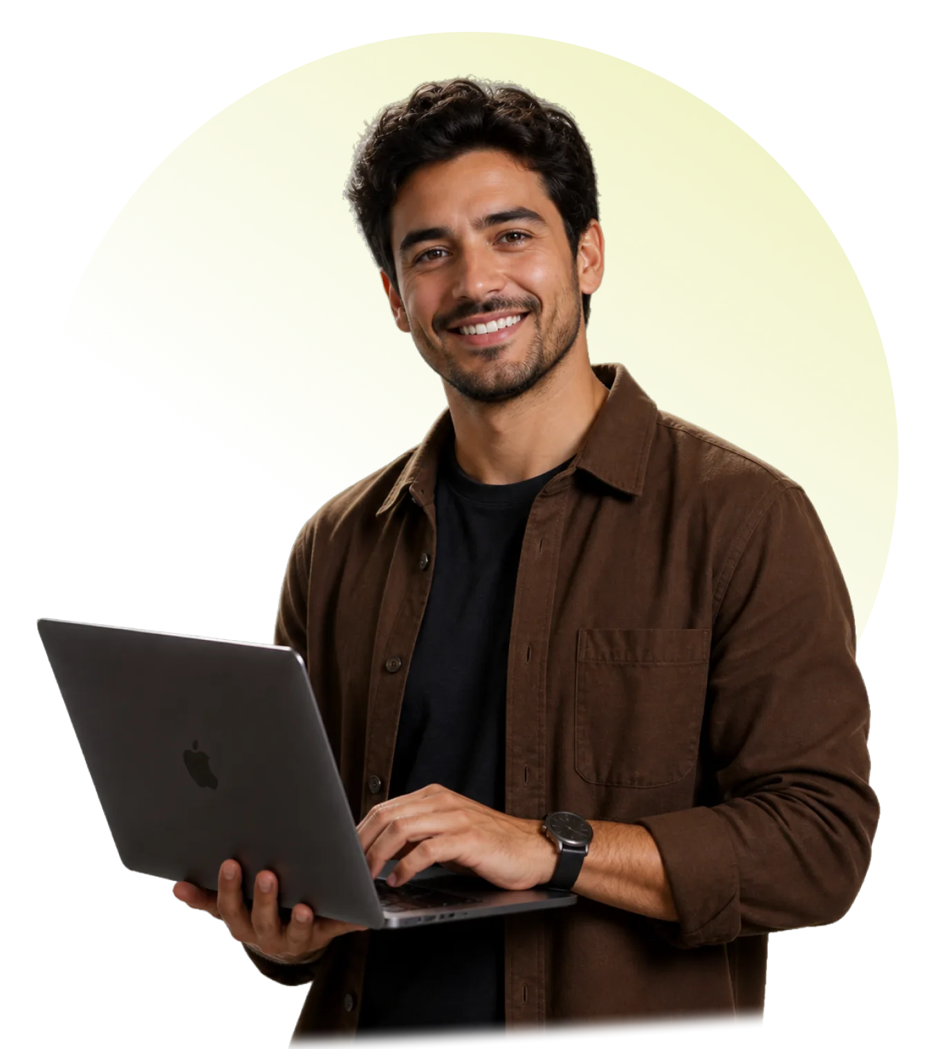 Smiling Latin American professional holding a laptop