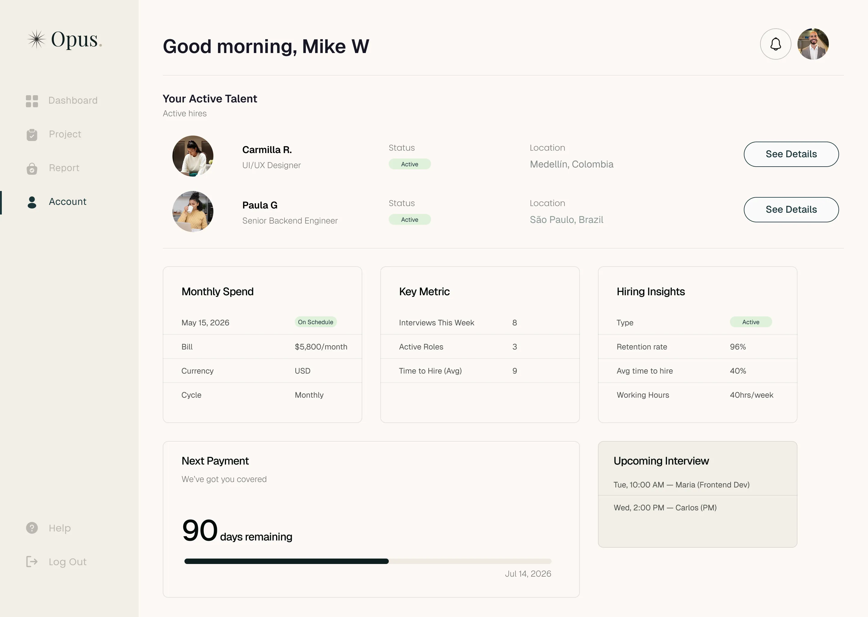 Opus client dashboard showing active hires, monthly spend, and hiring insights
